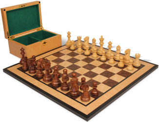 Deluxe Old Club Staunton Chess Set Golden Rosewood & Boxwood Pieces with Walnut Burl & Bird's-Eye Maple Board & Box - 3.75" King