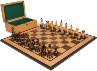 Dubrovnik Series Chess Set Burnt Boxwood Pieces with Walnut Burl & Bird's-Eye Maple Board & Box - King