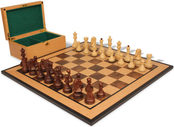 Dubrovnik Staunton Chess Set Golden Rosewood & Boxwood Pieces with Walnut Burl & Bird's-Eye Maple Board & Box - King