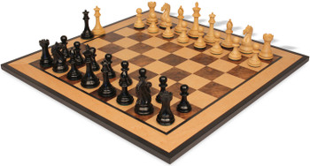 Fierce Knight Staunton Chess Set Ebony & Boxwood Pieces with Walnut Burl & Bird's-Eye Maple Board - King
