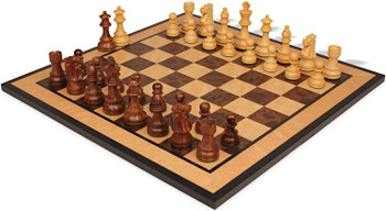 French Lardy Staunton Chess Set Golden Rosewood & Boxwood Pieces with Walnut Burl & Bird's-Eye Maple Board - King