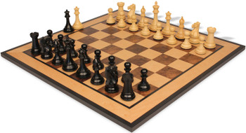 New Exclusive Staunton Chess Set Ebony & Boxwood Pieces with Walnut Burl & Bird's-Eye Maple Board - 3.5" King
