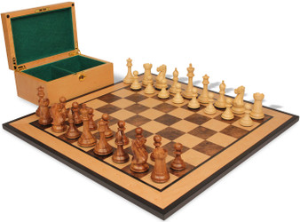 New Exclusive Staunton Chess Set Golden Rosewood & Boxwood Pieces with Walnut Burl & Bird's-Eye Maple Board & Box - King