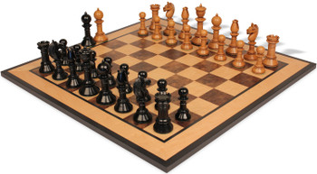 Northern Upright Antique Reproduction Chess Set Ebonized & Boxwood Pieces Ebonized & Antiqued Boxwood Pieces with Walnut Burl & Bird's-Eye Maple Board