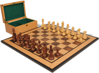 Old English Classic Chess Set Golden Rosewood & Boxwood Pieces with Walnut Burl & Bird's-Eye Maple Board & Box - King