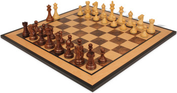 Old English Classic Chess Set Golden Rosewood & Boxwood Pieces with Walnut Burl & Bird's-Eye Maple Board - King