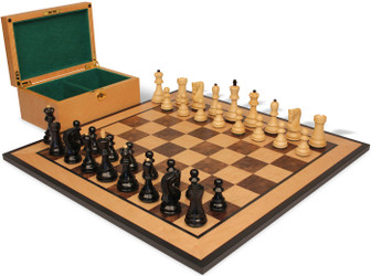 Zagreb Series Chess Set Ebony & Boxwood Pieces with Walnut Burl & Bird's-Eye Maple Board & Box - King
