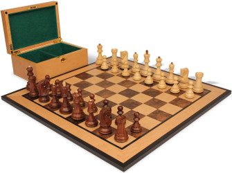 Zagreb Series Chess Set Golden Rosewood & Boxwood Pieces with Walnut Burl & Bird's-Eye Maple Board & Box - 3.875" King