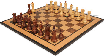 Zagreb Series Chess Set Golden Rosewood & Boxwood Pieces with Walnut Burl & Bird's-Eye Maple Board - 3.875" King