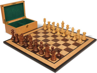 Parker Staunton Chess Set Golden Rosewood & Boxwood Pieces with Walnut Burl & Bird's-Eye Maple Board & Box - King