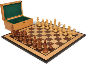 Queen's Gambit Chess Set Golden Rosewood & Boxwood Pieces with Walnut Burl & Bird's-Eye Maple & Box - King