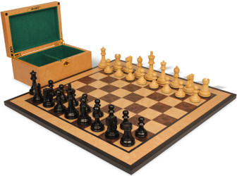 Reykjavik Series Chess Set Ebony & Boxwood Pieces with Walnut Burl & Bird's-Eye Maple Board & Box - King