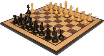 Reykjavik Series Chess Set Ebony & Boxwood Pieces with Walnut Burl & Bird's-Eye Maple Board - King