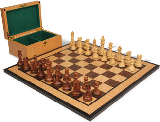 Reykjavik Series Chess Set Golden Rosewood & Boxwood Pieces with Walnut Burl & Bird's-Eye Maple Board & Box - King
