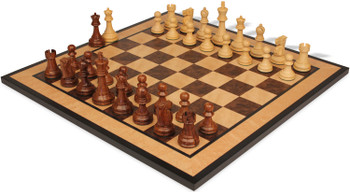 Reykjavik Series Chess Set Golden Rosewood & Boxwood Pieces with Walnut Burl & Bird's-Eye Maple Board - King
