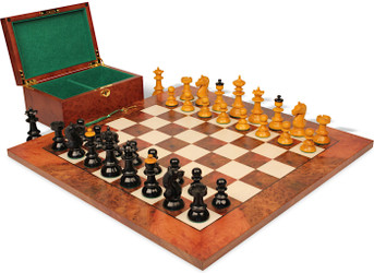 Vienna Coffee House Antique Reproduction Chess Set Ebonized & Aged Boxwood Pieces with Walnut Burl & Bird's-Eye Maple Board & Box - King