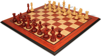 Llamrei Staunton Chess Set Padauk & Boxwood Pieces with Padauk & Bird's-Eye Maple Molded-Edge Chess Board