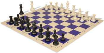 Analysis-Size Plastic Chess Set - Black & Ivory Pieces with Vinyl Rollup Board - Blue