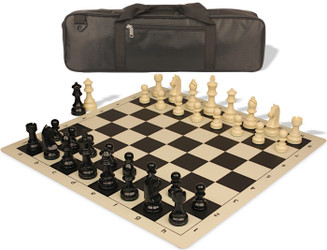 German Knight Carry-All Plastic Chess Set - Black & Ivory Pieces with Vinyl Rollup Board - Black