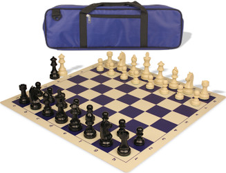 German Knight Carry-All Plastic Chess Set - Black & Ivory Pieces with Vinyl Rollup Board - Blue
