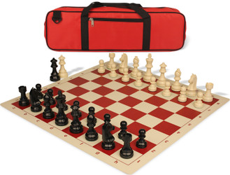 German Knight Carry-All Plastic Chess Set - Black & Ivory Pieces with Vinyl Rollup Board - Red
