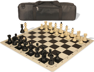 Zagreb Series Carry-All Plastic Chess Set - Black & Ivory Pieces with Vinyl Rollup Board - Black