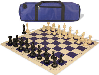 Khan's Stallion Carry-All Plastic Chess Set - Black & Ivory Pieces with Vinyl Rollup Board - Blue