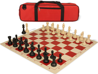Khan's Stallion Carry-All Plastic Chess Set - Black & Ivory Pieces with Vinyl Rollup Board - Red