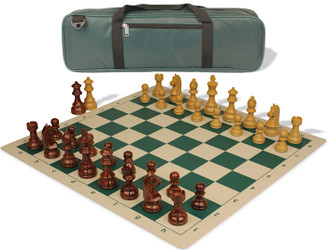 German Knight Carry-All Plastic Chess Set - Wood Grain Pieces with Vinyl Rollup Board - Green