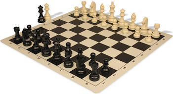German Knight Plastic Chess Set - Black & Ivory Pieces with Vinyl Rollup Board - Black