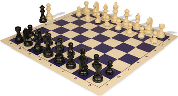 German Knight Plastic Chess Set - Black & Ivory Pieces with Vinyl Rollup Board - Blue