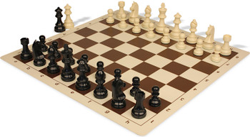 German Knight Plastic Chess Set - Black & Ivory Pieces with Vinyl Rollup Board - Brown