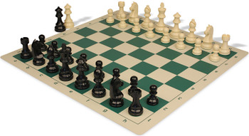 German Knight Plastic Chess Set - Black & Ivory Pieces with Vinyl Rollup Board - Green