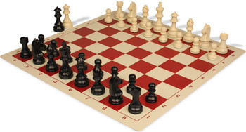 German Knight Plastic Chess Set - Black & Ivory Pieces with Vinyl Rollup Board - Red