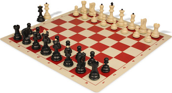 Zagreb Series Plastic Chess Set - Black & Ivory Pieces with Vinyl Rollup Board - Red