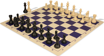 Khan's Stallion Plastic Chess Set - Black & Ivory Pieces with Vinyl Rollup Board - Blue