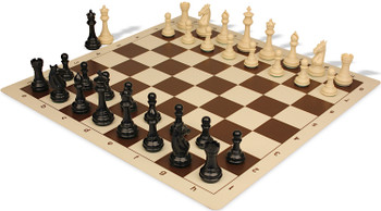 Khan's Stallion Plastic Chess Set - Black & Ivory Pieces with Vinyl Rollup Board - Brown