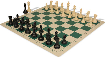 Khan's Stallion Plastic Chess Set - Black & Ivory Pieces with Vinyl Rollup Board - Green