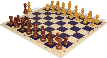 German Knight Plastic Chess Set - Wood Grain Pieces with Vinyl Rollup Board - Blue