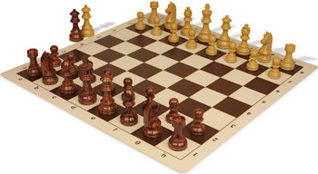 German Knight Plastic Chess Set - Wood Grain Pieces with Vinyl Rollup Board - Brown