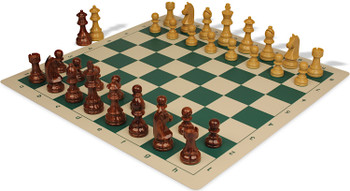 German Knight Plastic Chess Set - Wood Grain Pieces with Vinyl Rollup Board - Green