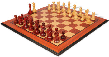 Deluxe Old Club Staunton Chess Set Padauk & Boxwood Pieces with Padauk & Birds Eye Maple Molded Edge Board - 3.75" King