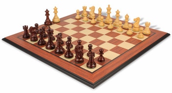 Deluxe Old Club Staunton Chess Set in Rosewood Boxwood with Rosewood Molded Chess Board 375 King