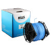 305m boxed reel of Hills Antenna premium CAT6 U/TP cable, available in blue. 23AWG solid bare copper, thick 0.50mm PVC sheath, center spline, reverse meter marking, and tangle-free pull-from-center ree