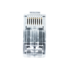 Open pass-through CAT6 RJ45 connector showing gold-plated pins Open pass-through CAT6 RJ45 connector showing gold-plated pins