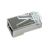 Close-up of shielded RJ45 plug for solid CAT6 cable, stainless steel cover Close-up of shielded RJ45 plug for solid CAT6 cable, stainless steel cover