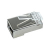 Close-up of shielded RJ45 plug for solid CAT6 cable, stainless steel cover