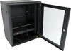 Open Datatek 24B15RW64FPS cabinet showing PDU and fixed shelf for networking equipment installation.