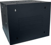 DataTek 9U swing-frame wall cabinet showing rear access with pre-drilled mounting holes