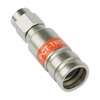 Close-up of PCTTRSF11L F-Type connector showing patented split-ring washer and 360° compression rings for secure RG11 termination